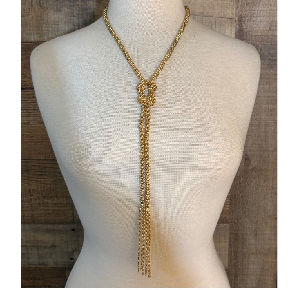 Gold Tone Double Knot Lariat Tassel Necklace Popcorn Chain Adjustable 20.5 In